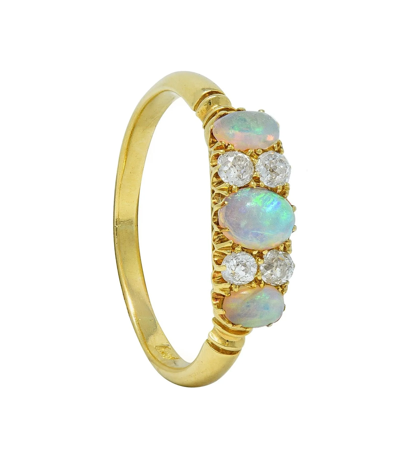 Victorian Opal Diamond 18 Karat Yellow Gold Antique Gemstone Band Ring