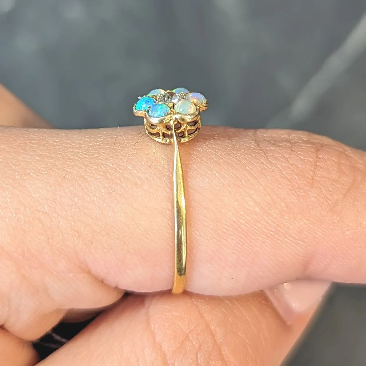 Victorian Opal Diamond 9 Karat Yellow Gold Antique Flower Cluster Ring