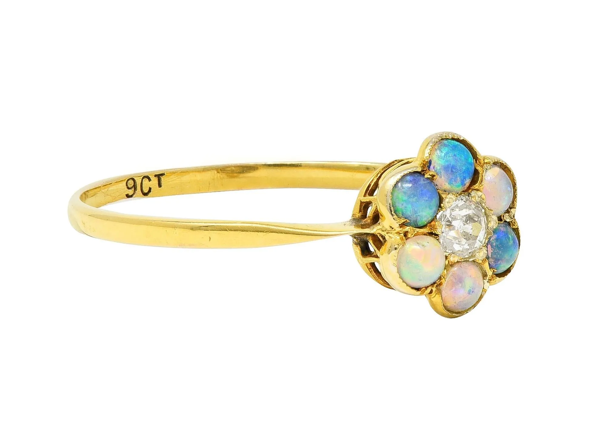 Victorian Opal Diamond 9 Karat Yellow Gold Antique Flower Cluster Ring