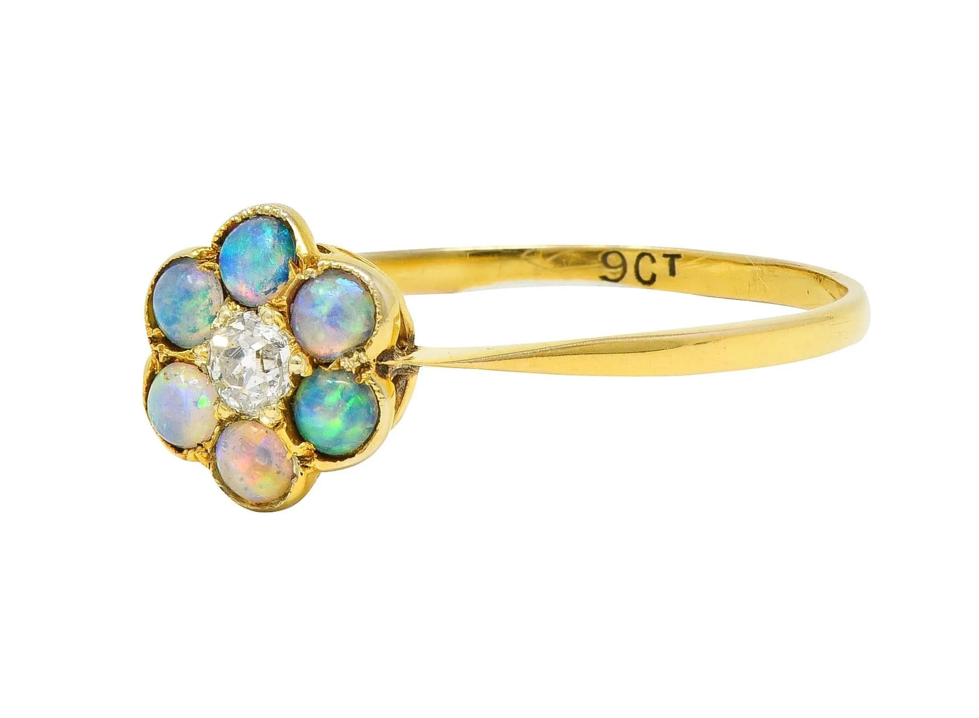 Victorian Opal Diamond 9 Karat Yellow Gold Antique Flower Cluster Ring