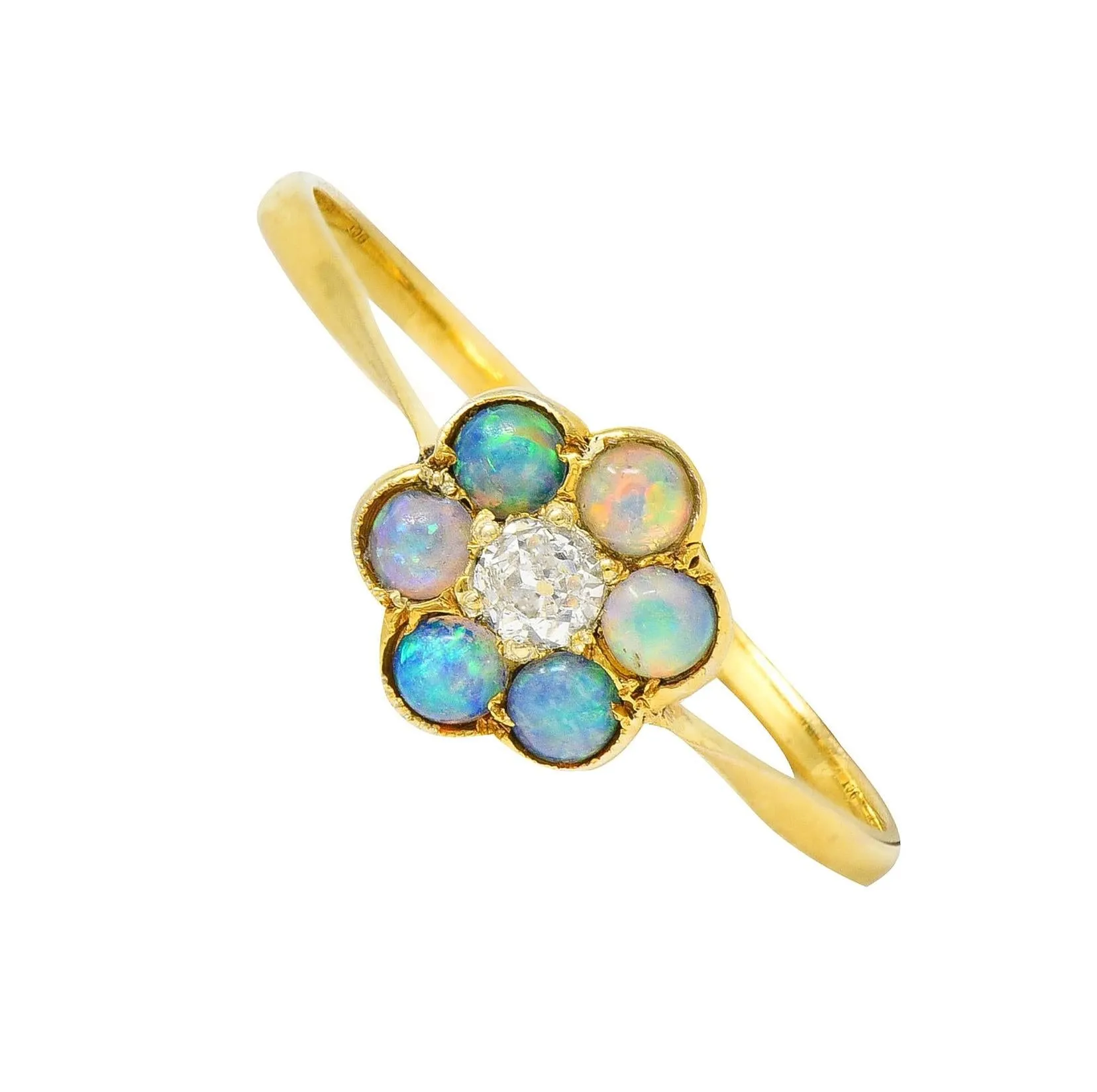 Victorian Opal Diamond 9 Karat Yellow Gold Antique Flower Cluster Ring