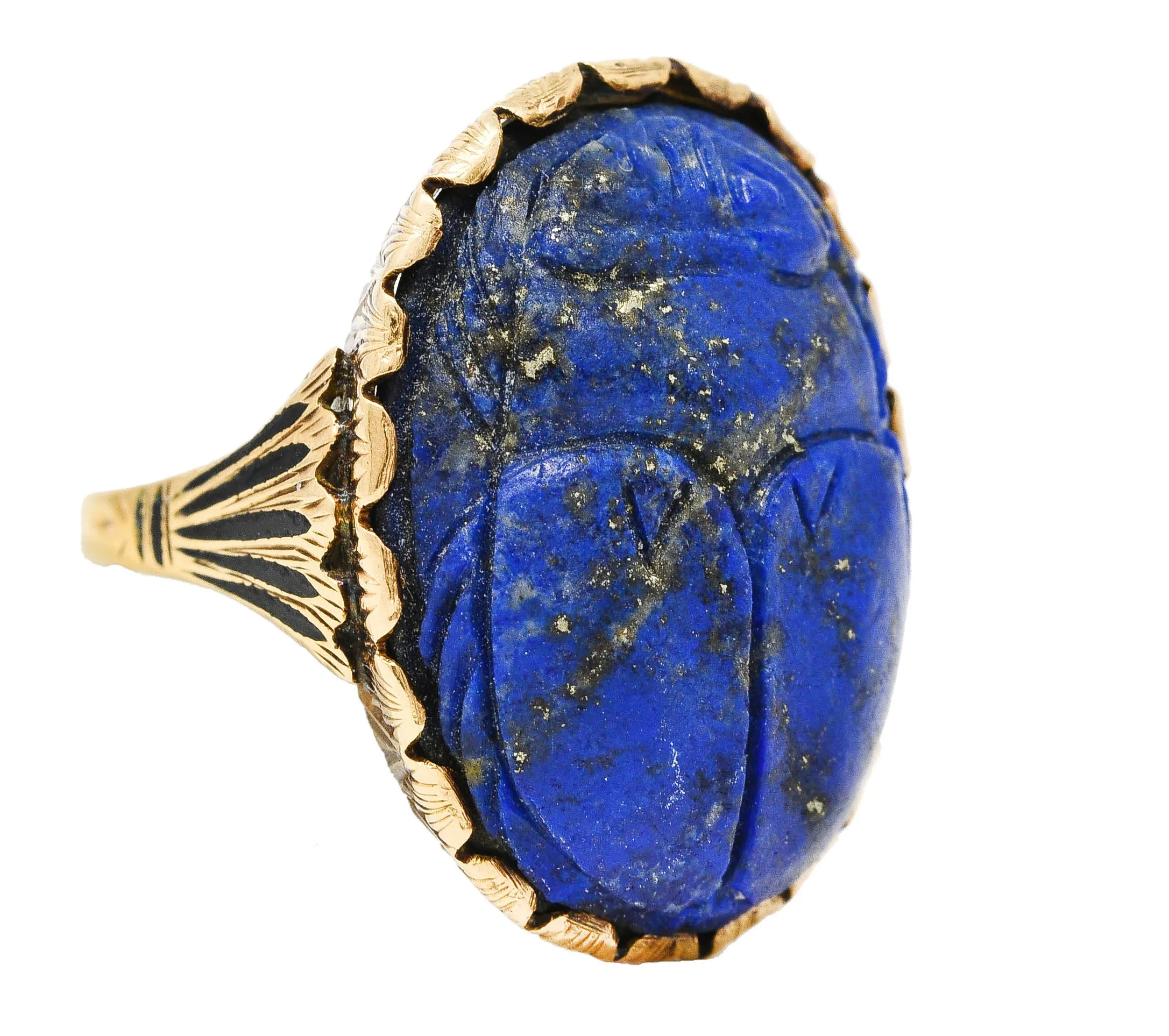 Vintage Etruscan Revival Lapis Lazuli 14 Karat Yellow Gold Scarab Antique Ring