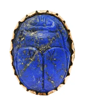 Vintage Etruscan Revival Lapis Lazuli 14 Karat Yellow Gold Scarab Antique Ring