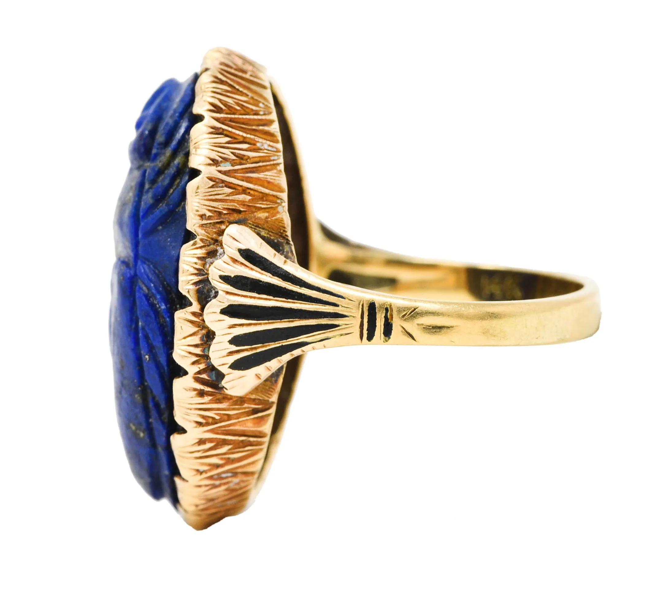 Vintage Etruscan Revival Lapis Lazuli 14 Karat Yellow Gold Scarab Antique Ring