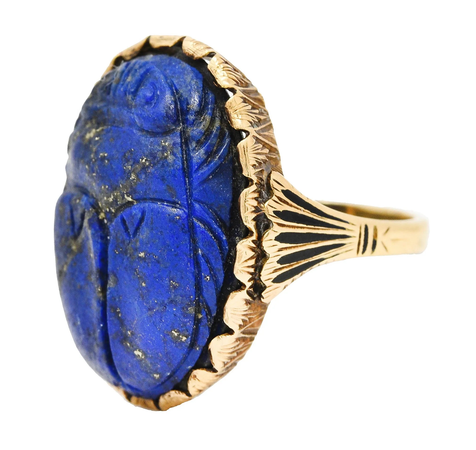 Vintage Etruscan Revival Lapis Lazuli 14 Karat Yellow Gold Scarab Antique Ring