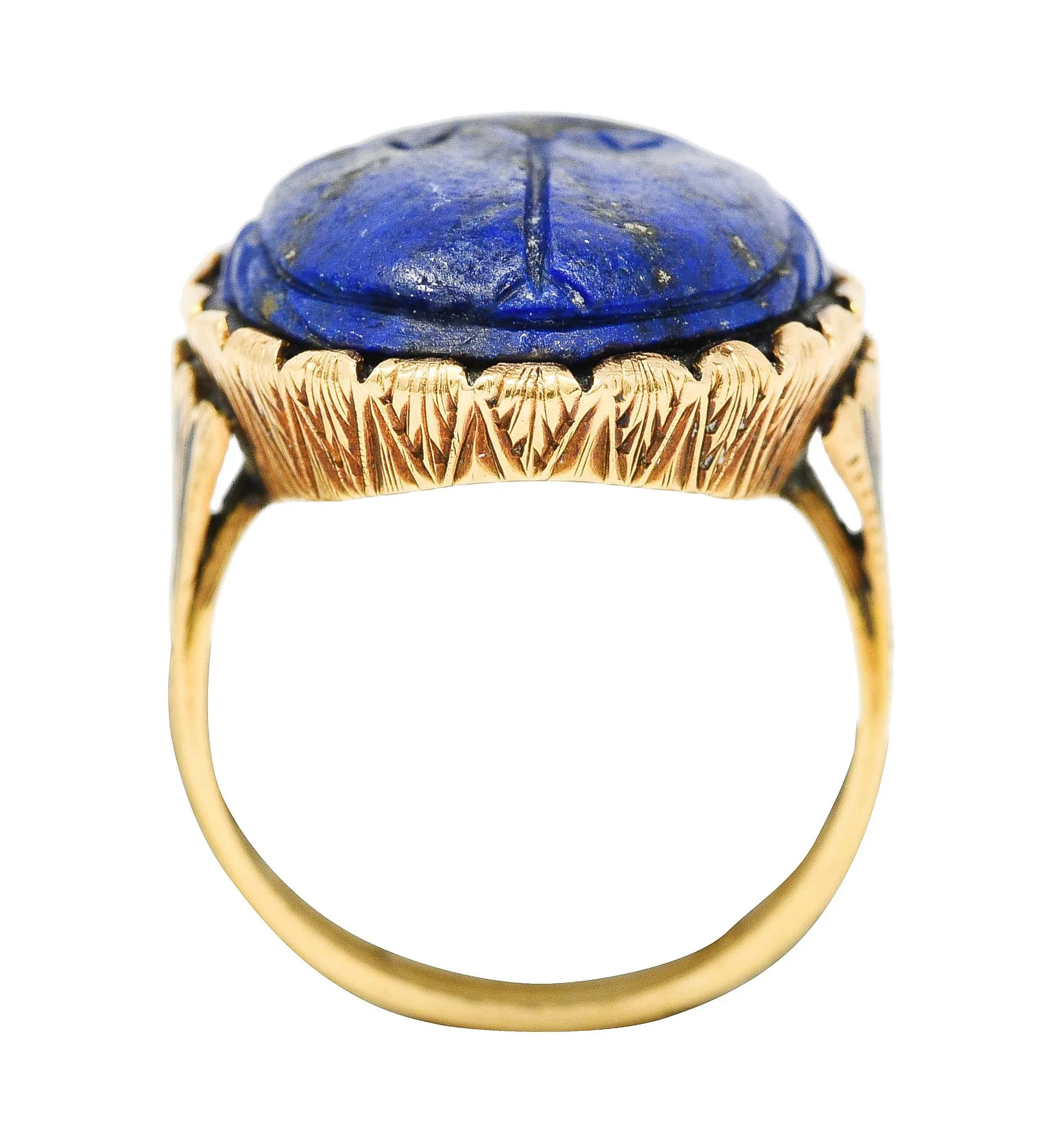 Vintage Etruscan Revival Lapis Lazuli 14 Karat Yellow Gold Scarab Antique Ring