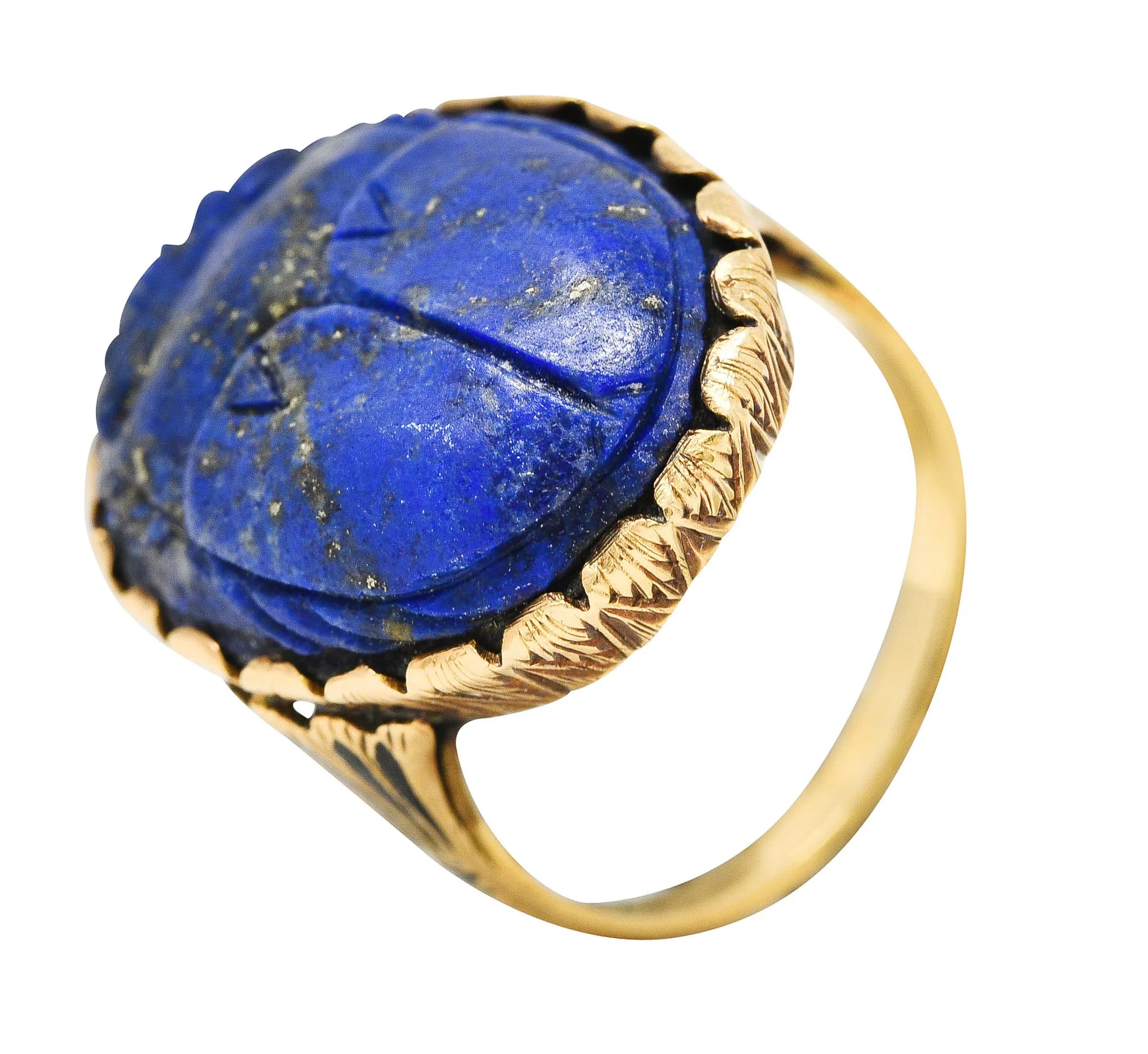 Vintage Etruscan Revival Lapis Lazuli 14 Karat Yellow Gold Scarab Antique Ring