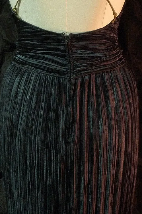 Vintage Mary McFadden Iridescent Black Silk Pleated Dress with Gold Woven Straps