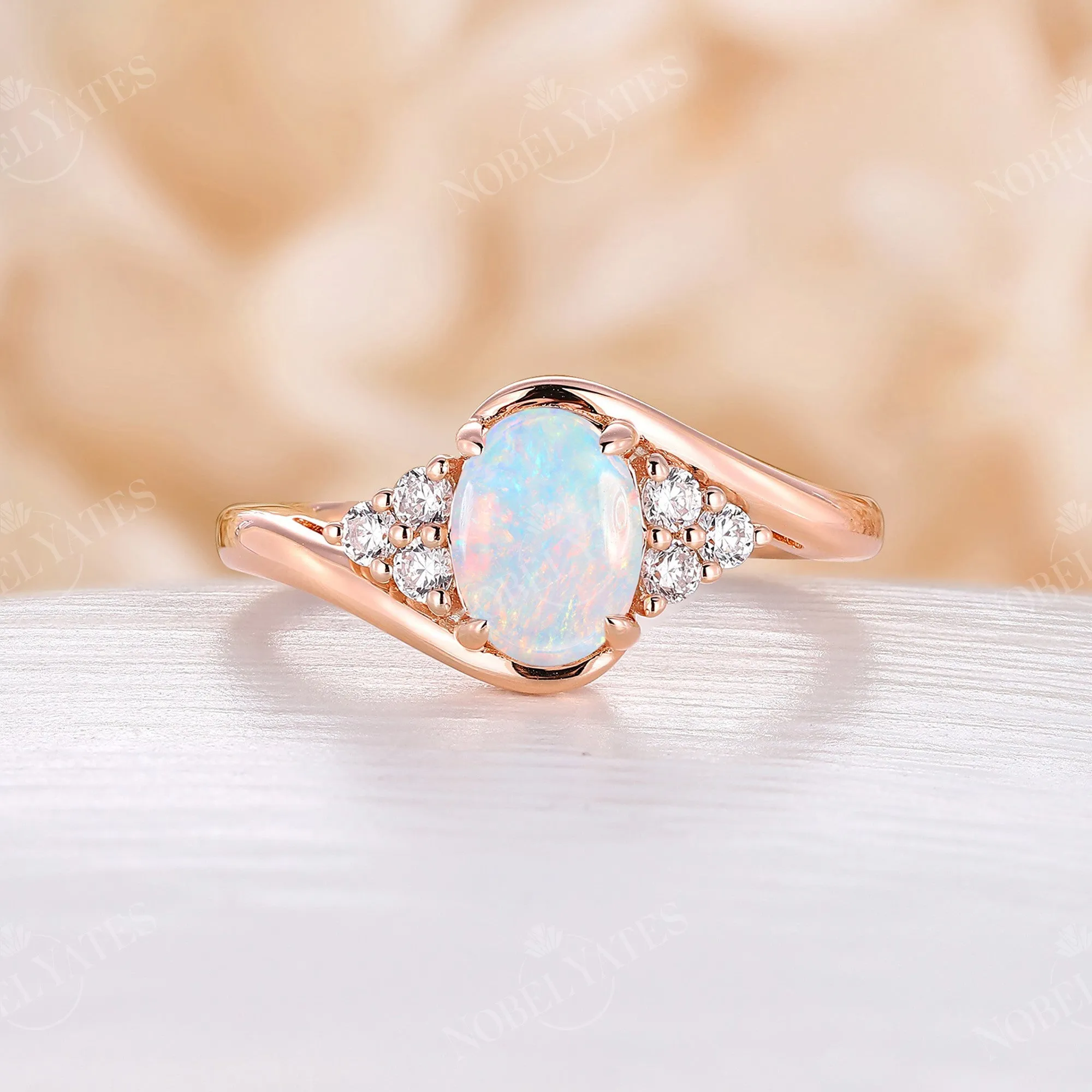 Vintage Oval Opal Bypass Engagement Ring Cluster Rose Gold