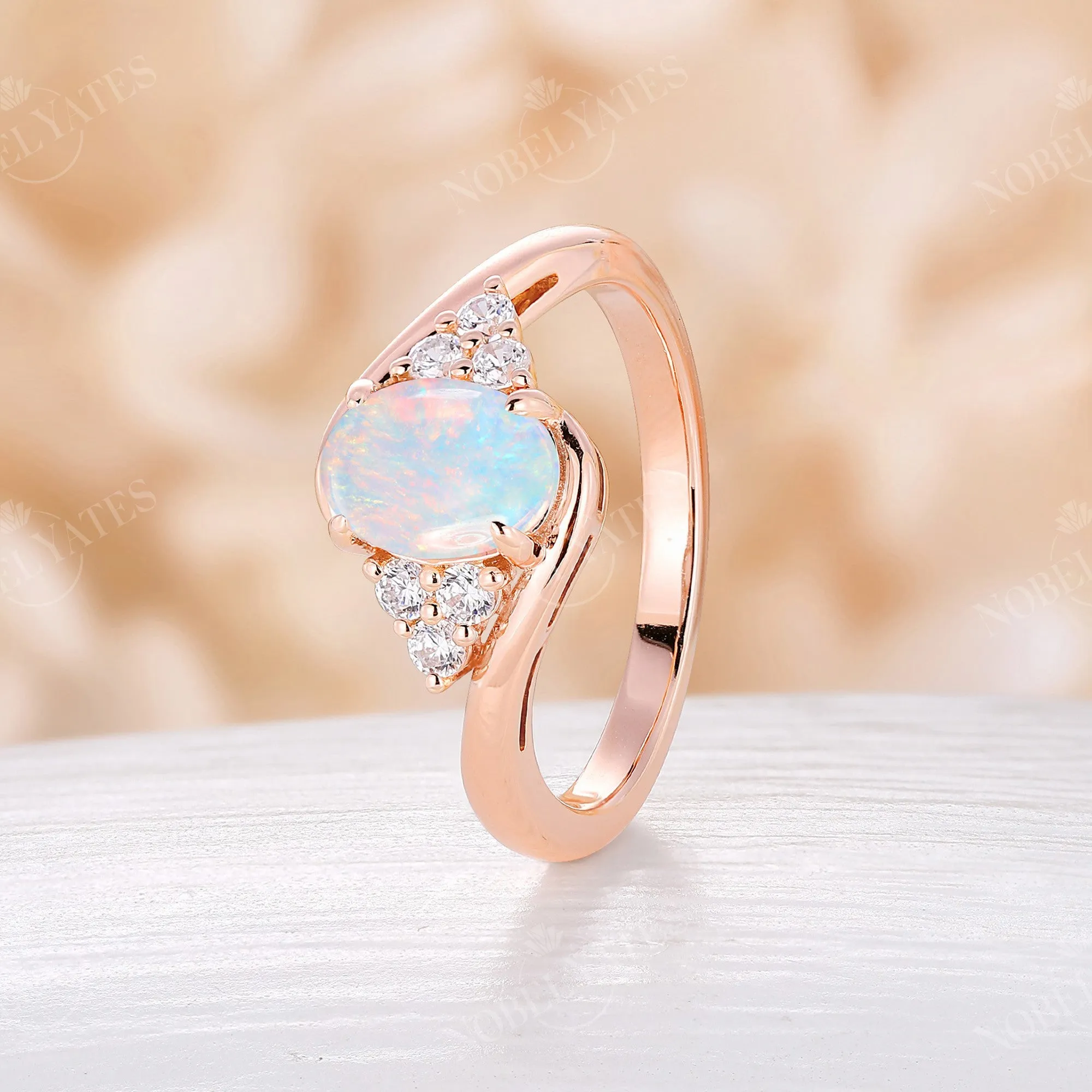 Vintage Oval Opal Bypass Engagement Ring Cluster Rose Gold