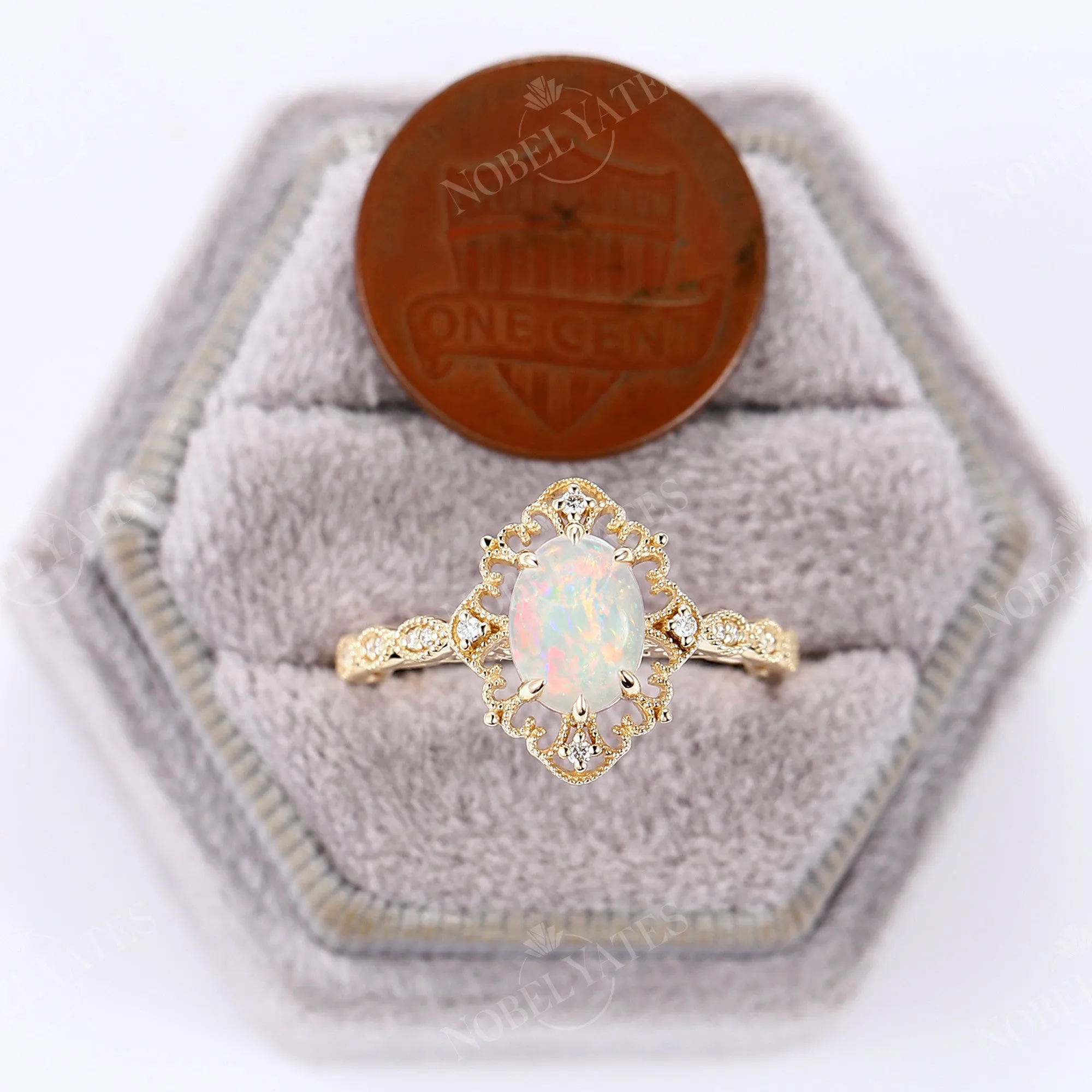 Vintage Oval Opal Milgrain Engagement Ring Yellow Gold