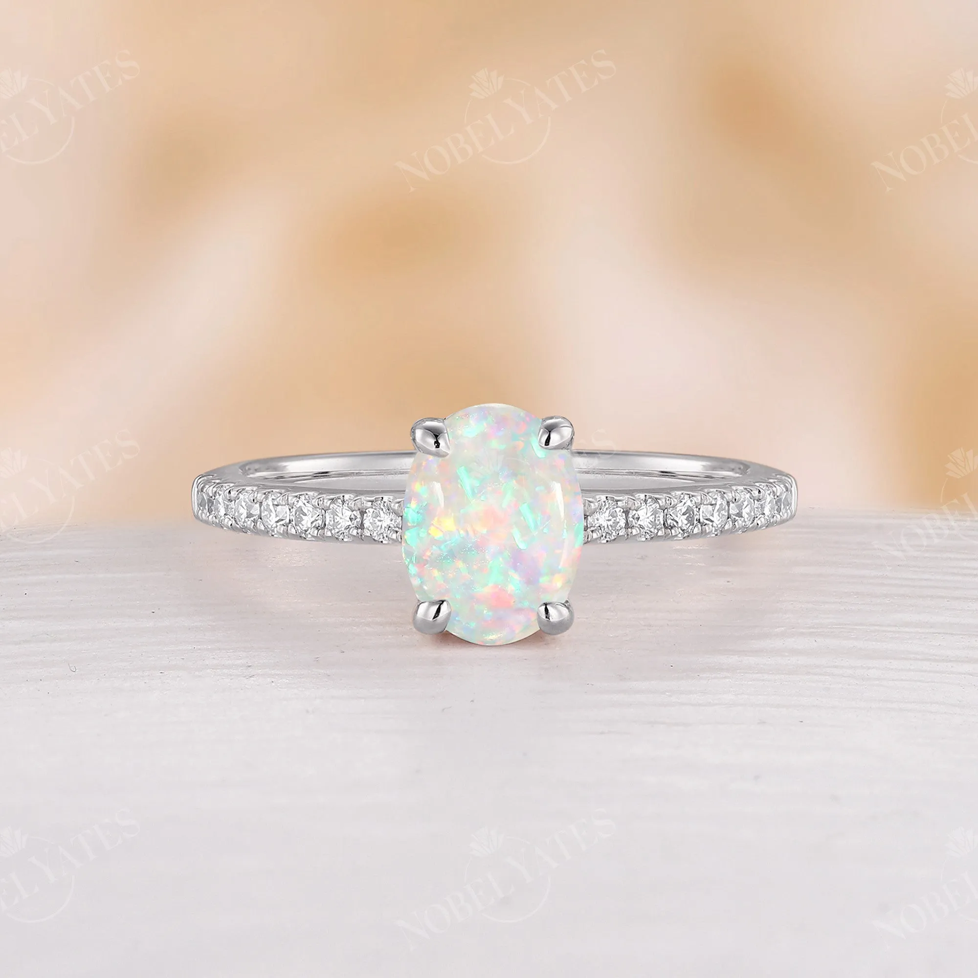 Vintage Oval White Opal Moissanite Pave Bridal Set Rose Gold