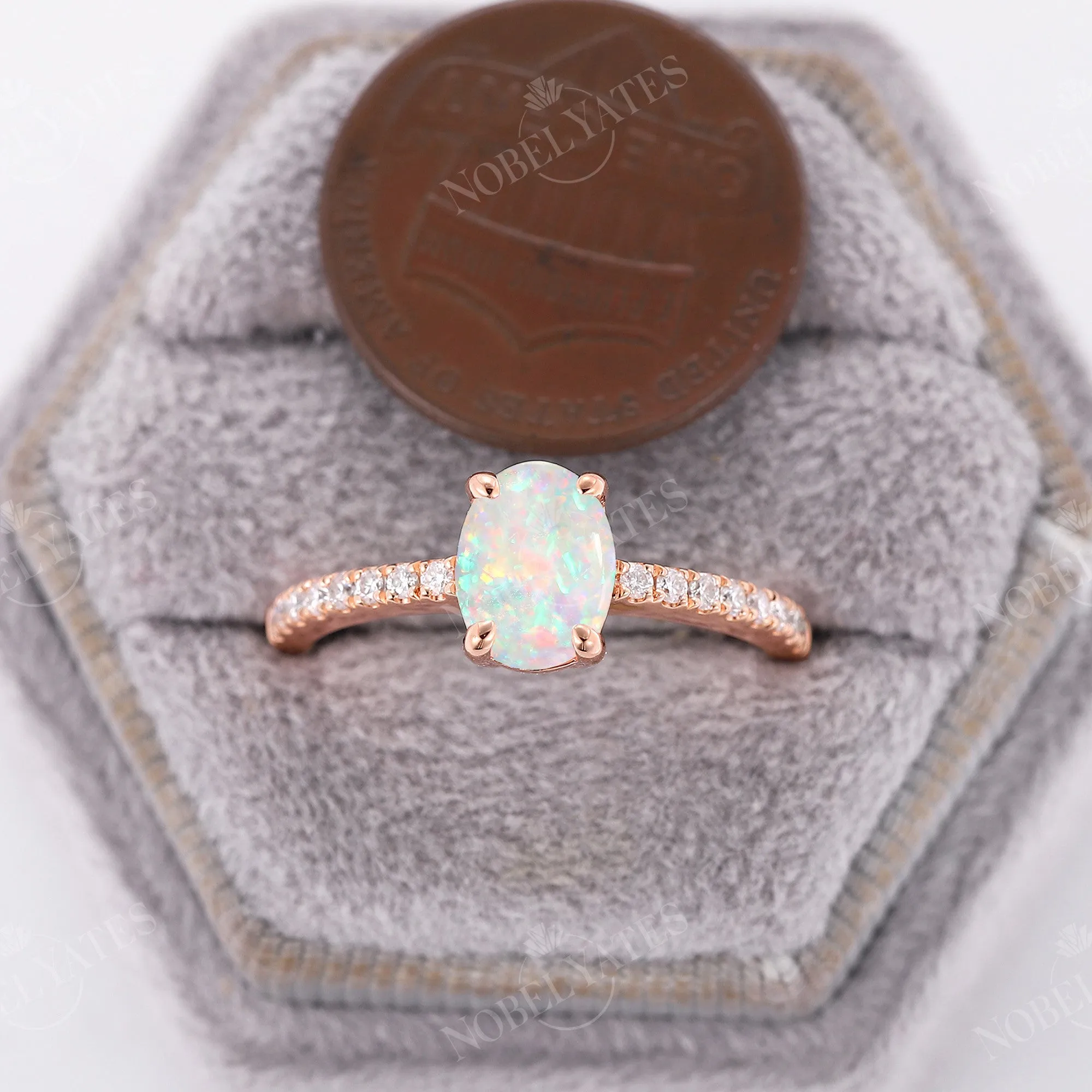 Vintage Oval White Opal Moissanite Pave Bridal Set Rose Gold