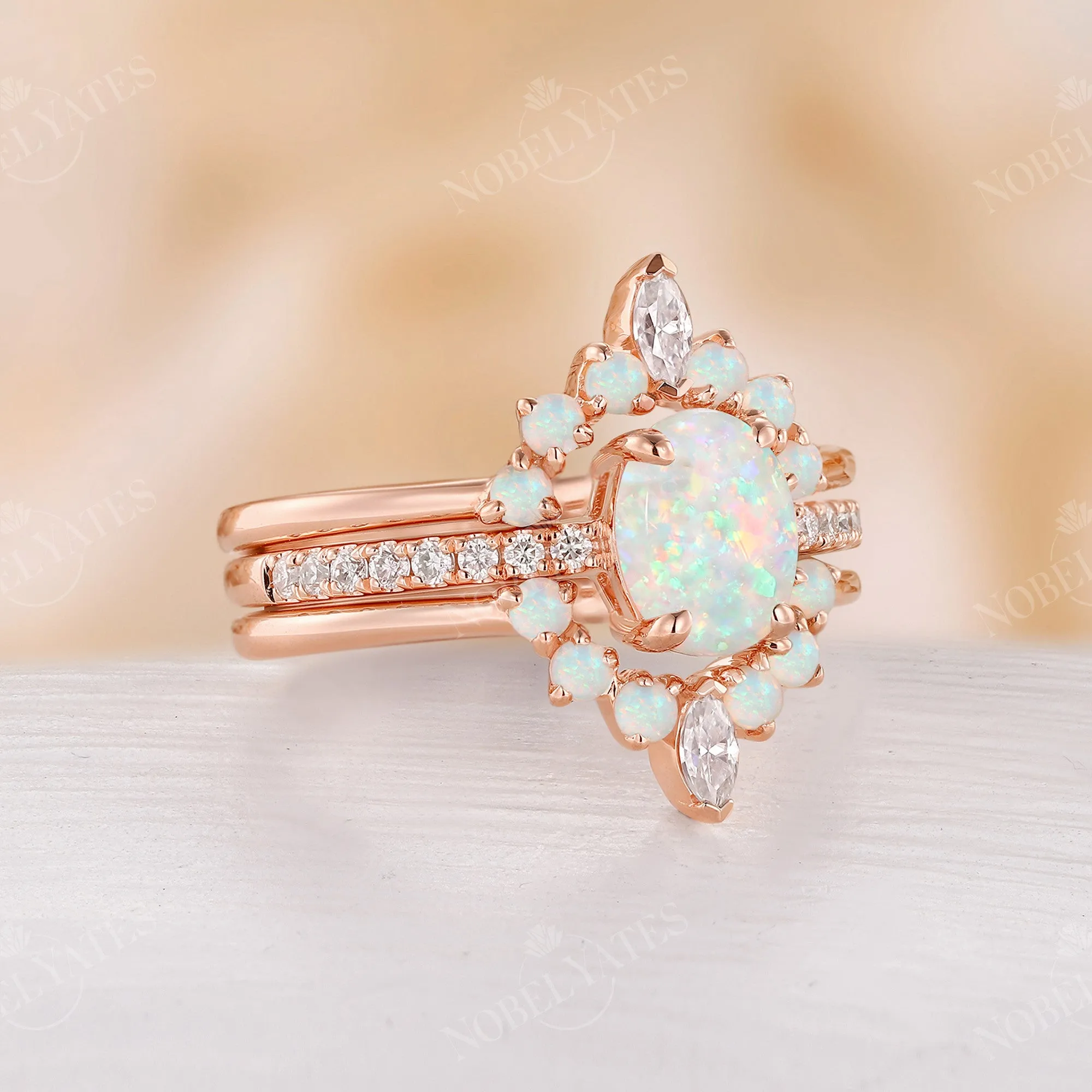 Vintage Oval White Opal Moissanite Pave Bridal Set Rose Gold