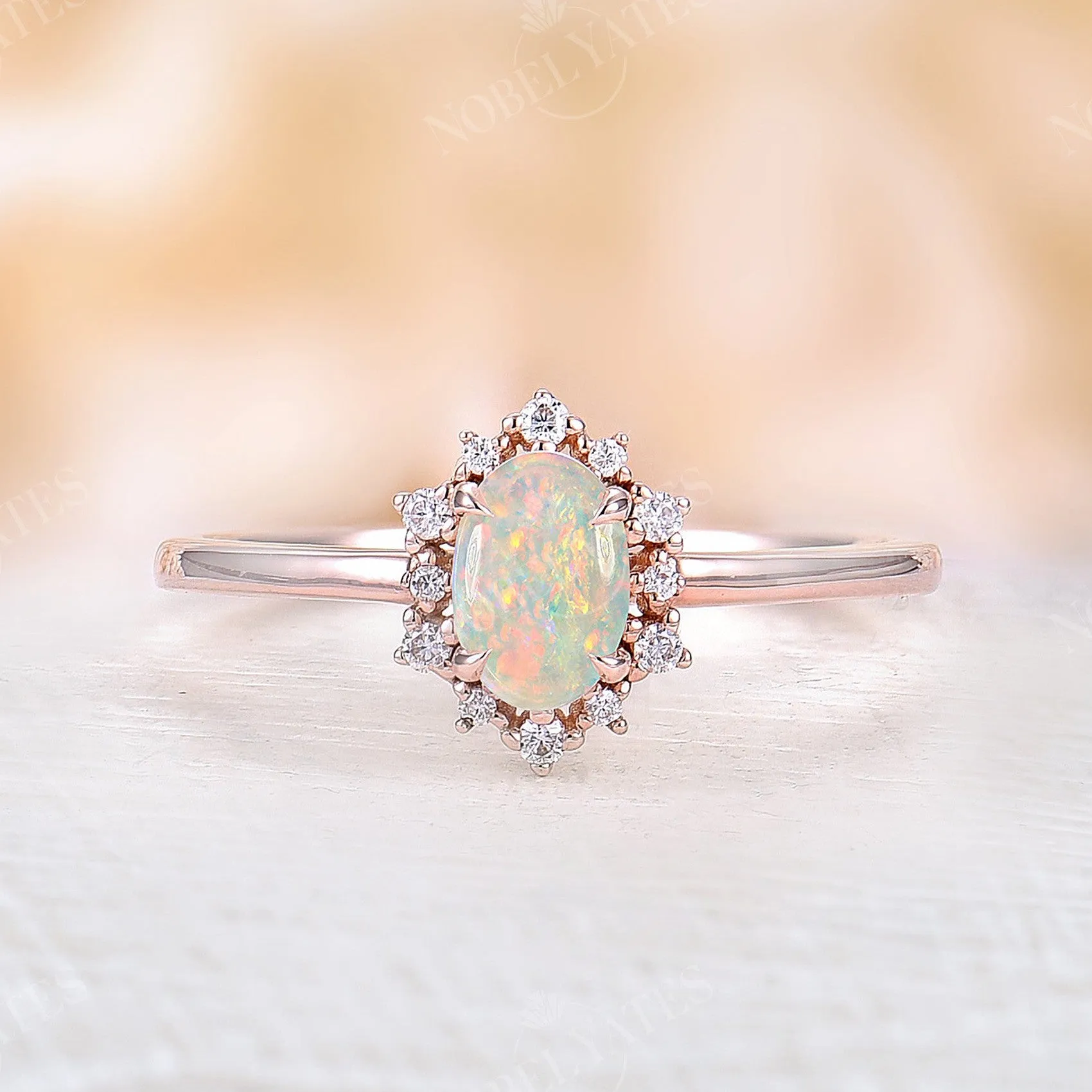 Vintage Oval White Opal Rose Gold Halo Engagement Ring