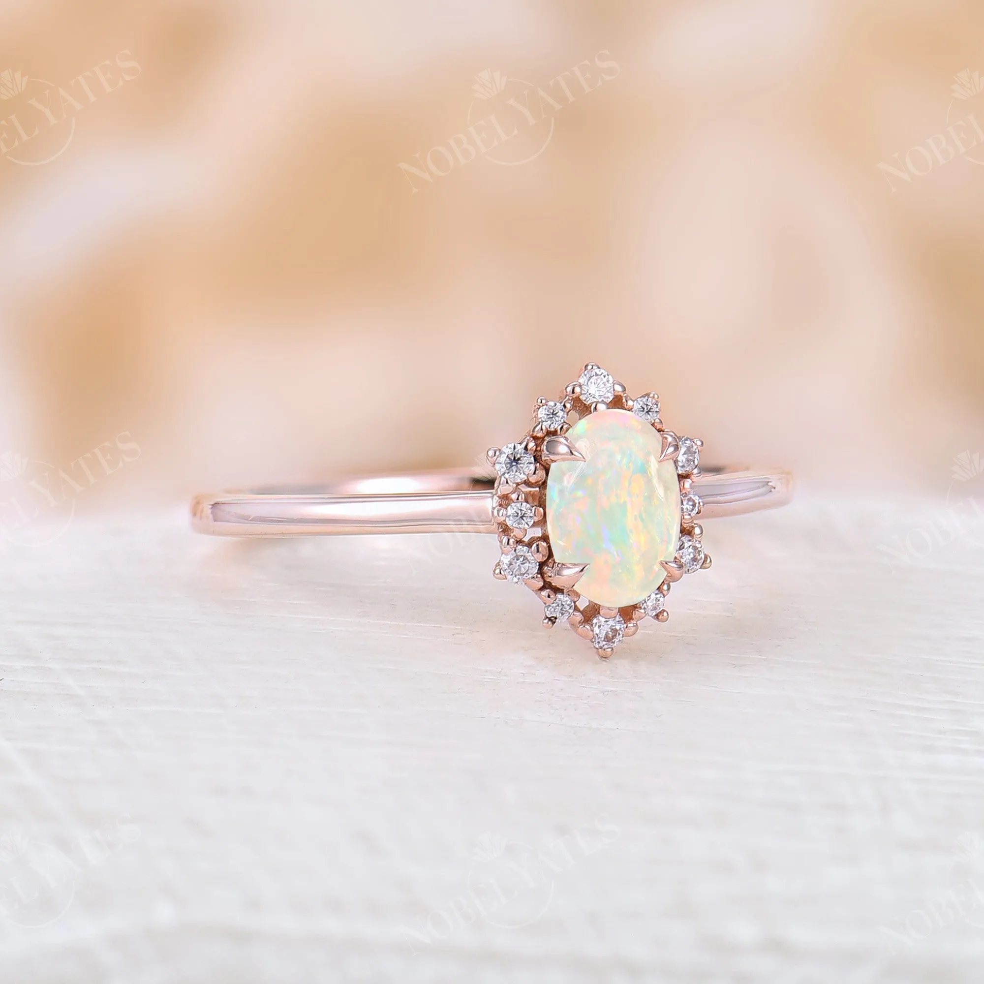 Vintage Oval White Opal Rose Gold Halo Engagement Ring