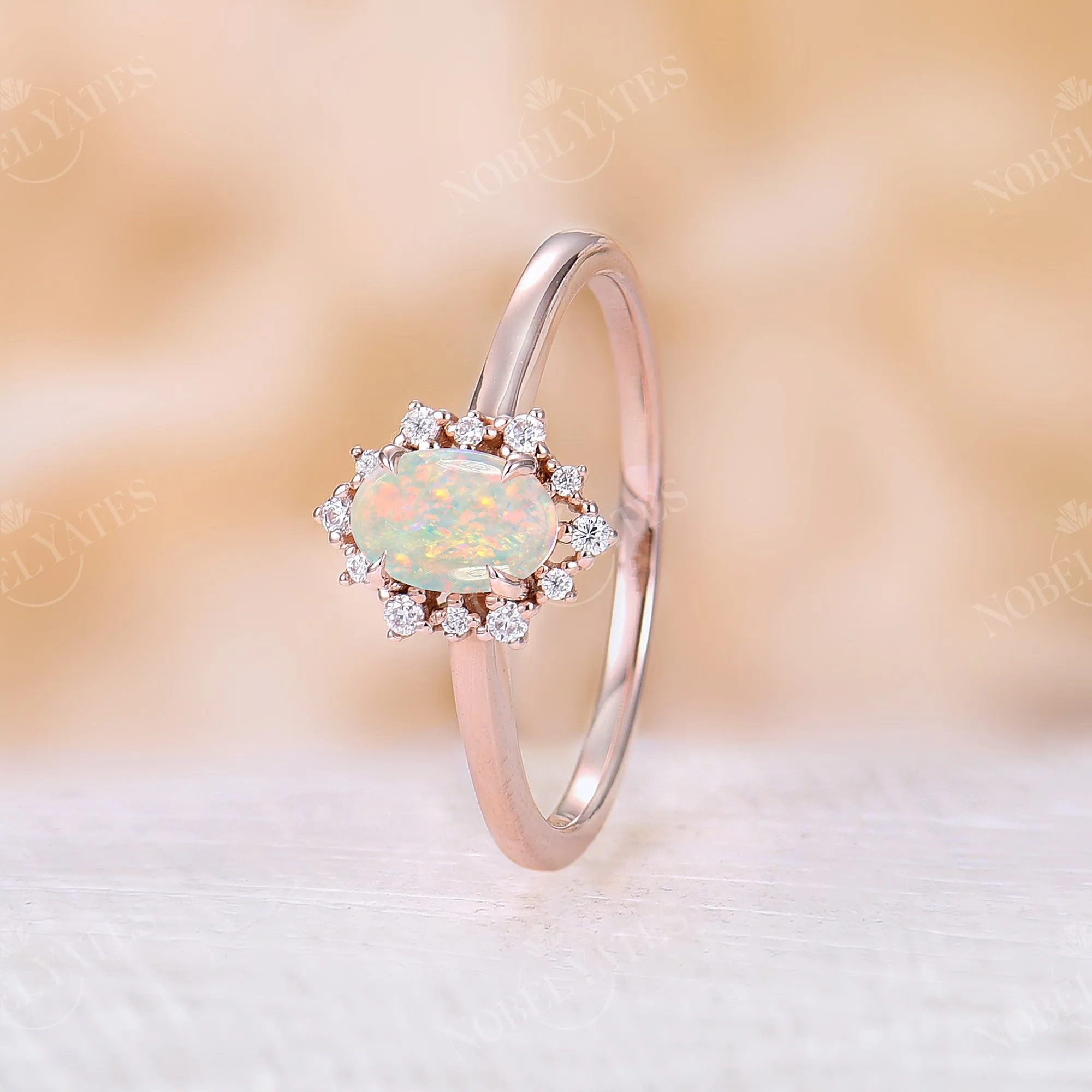 Vintage Oval White Opal Rose Gold Halo Engagement Ring