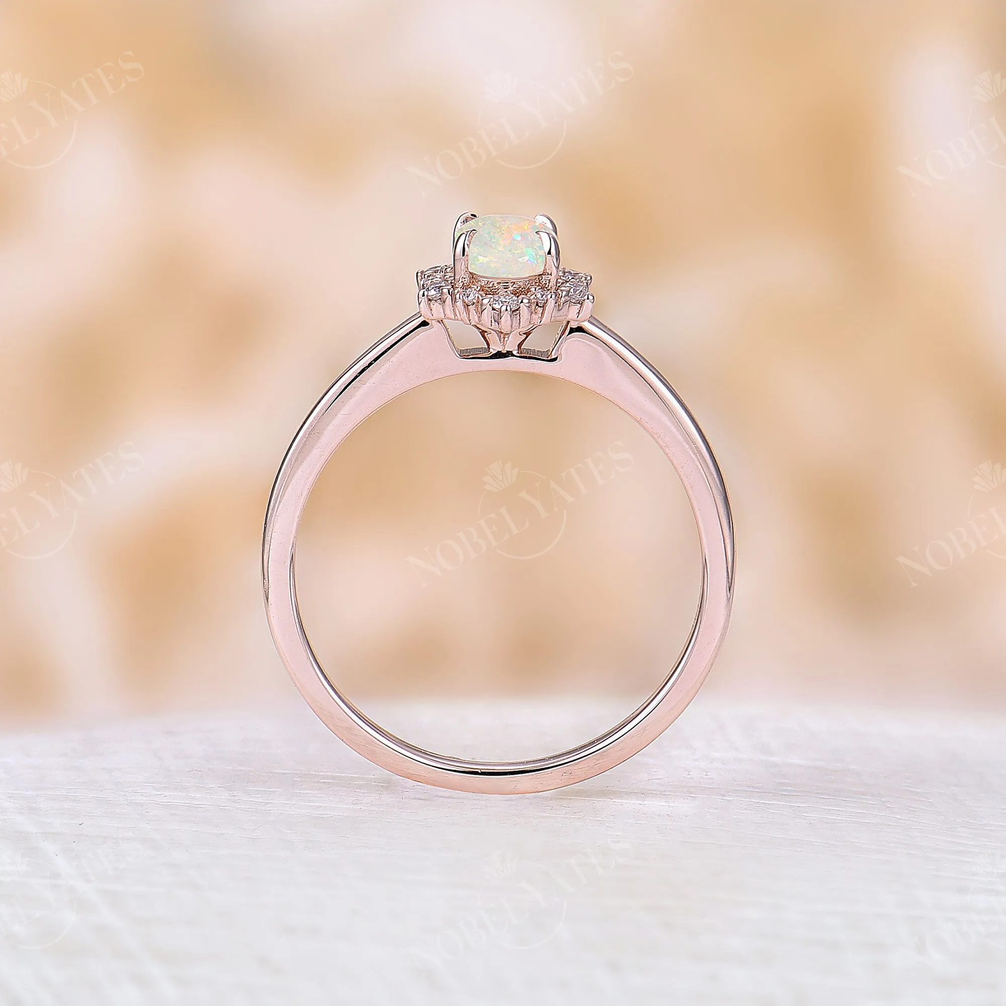 Vintage Oval White Opal Rose Gold Halo Engagement Ring