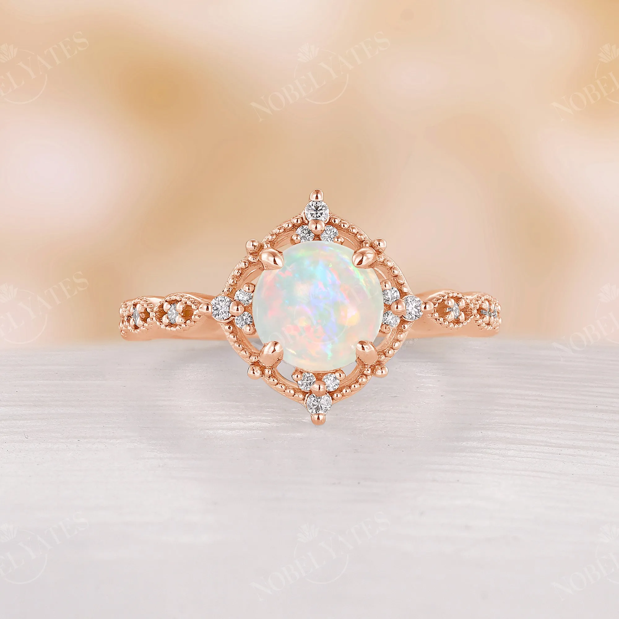 Vintage Round Opal Milgrain Engagement Ring Rose Gold