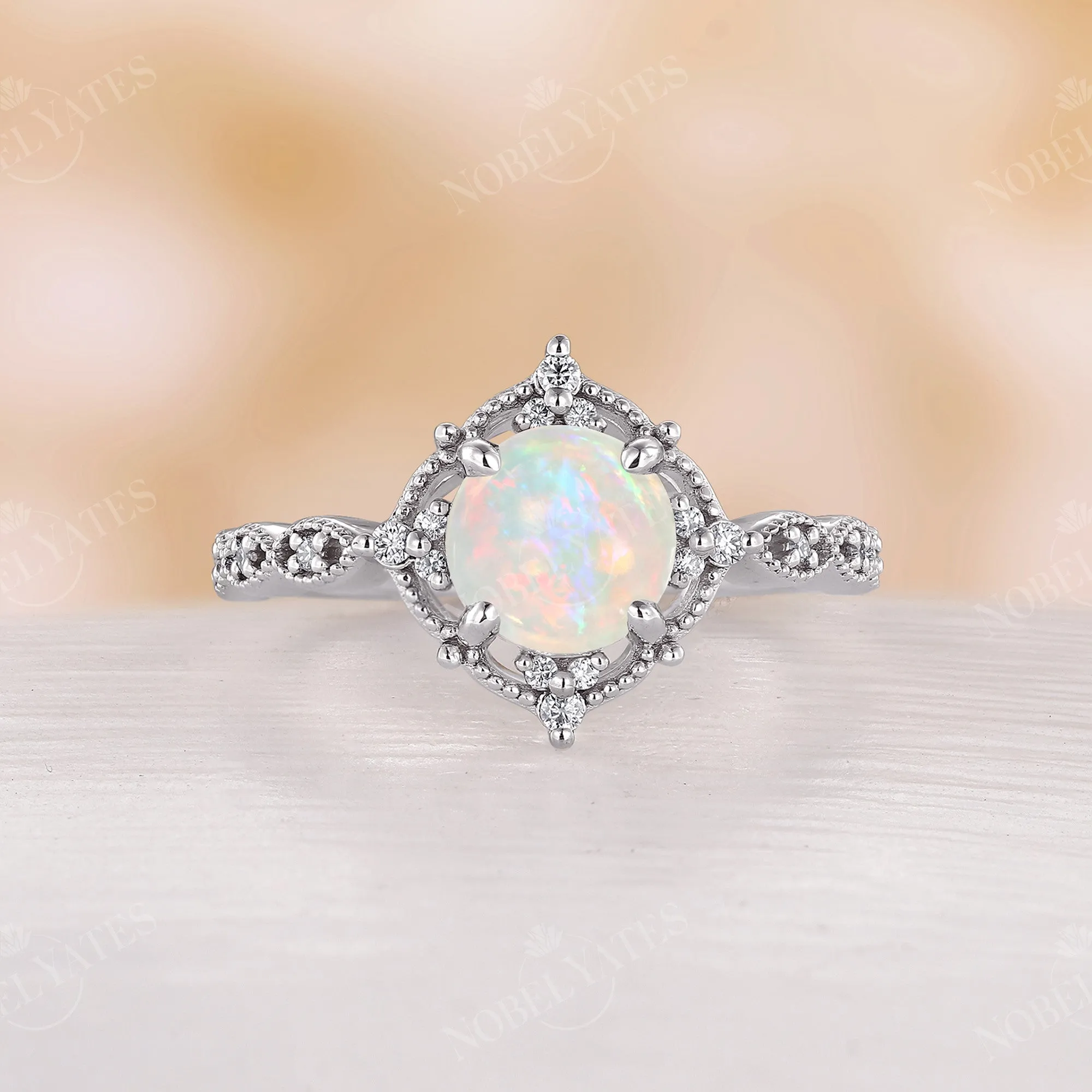 Vintage Round Opal Milgrain Engagement Ring Rose Gold