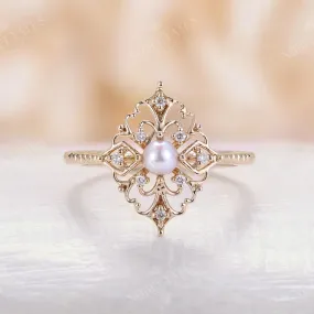 Vintage Round Pearl Filigree Engagement Ring Rose Gold