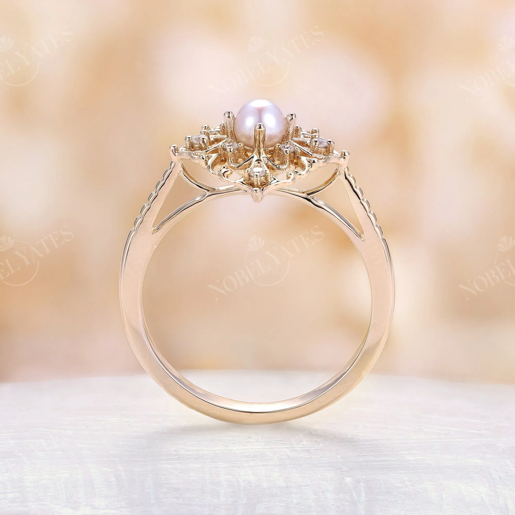 Vintage Round Pearl Filigree Engagement Ring Rose Gold