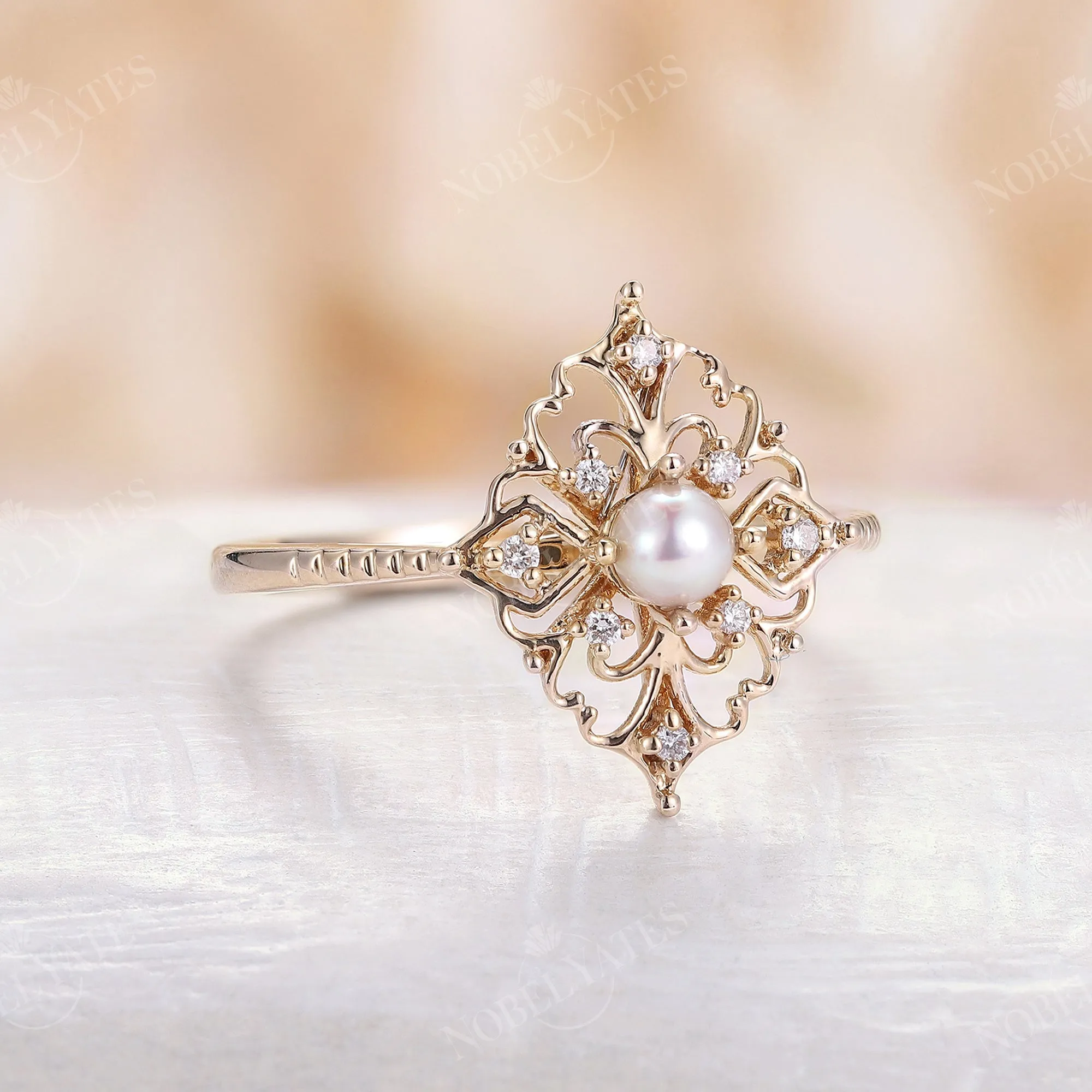 Vintage Round Pearl Filigree Engagement Ring Rose Gold