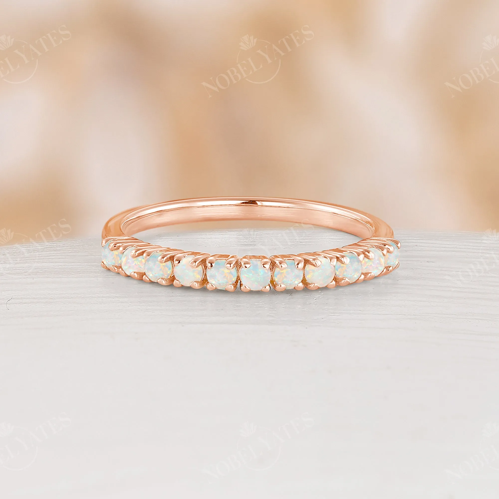 Vintage Round White Opal Rose Gold Eternity Wedding Band