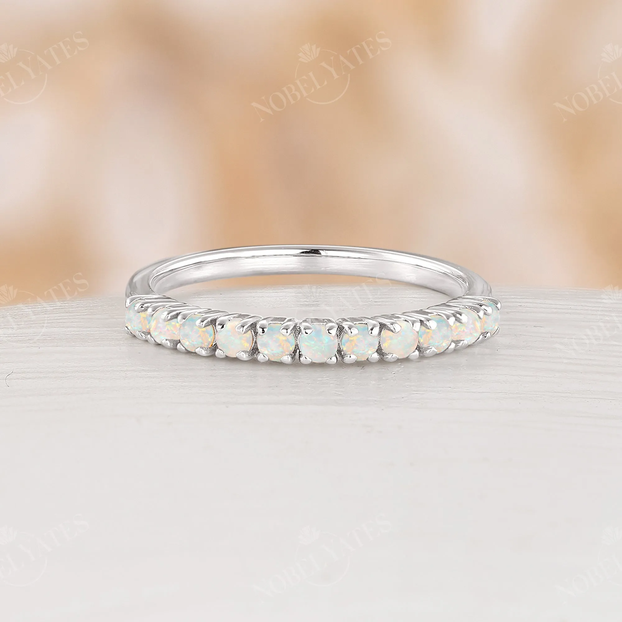 Vintage Round White Opal Rose Gold Eternity Wedding Band