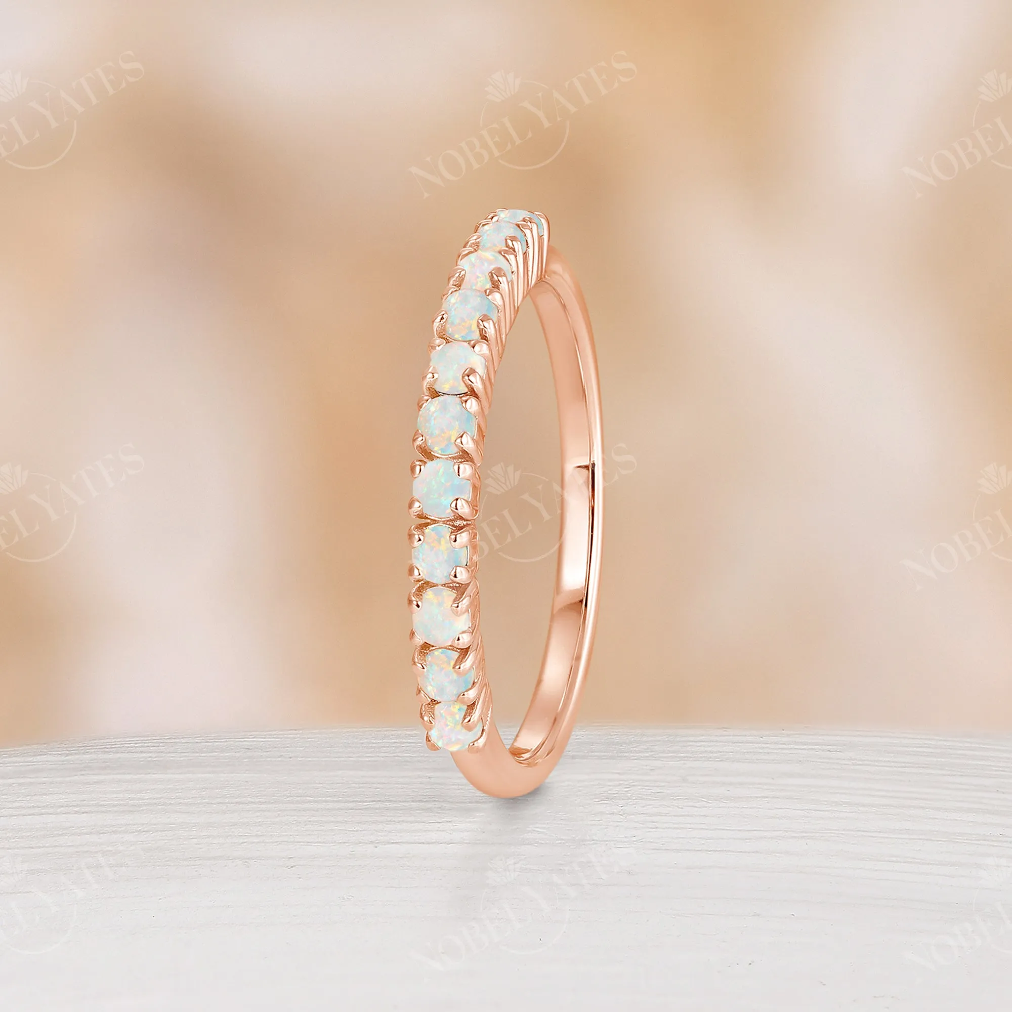 Vintage Round White Opal Rose Gold Eternity Wedding Band