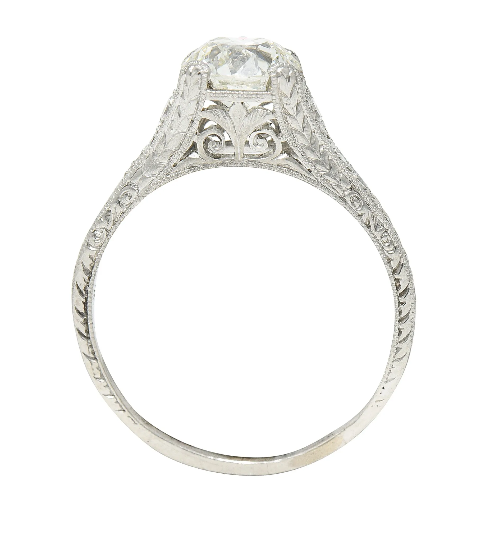 Wheeler & Co. Late Edwardian 1.48 CTW Diamond Platinum Engraved Antique Engagement Ring