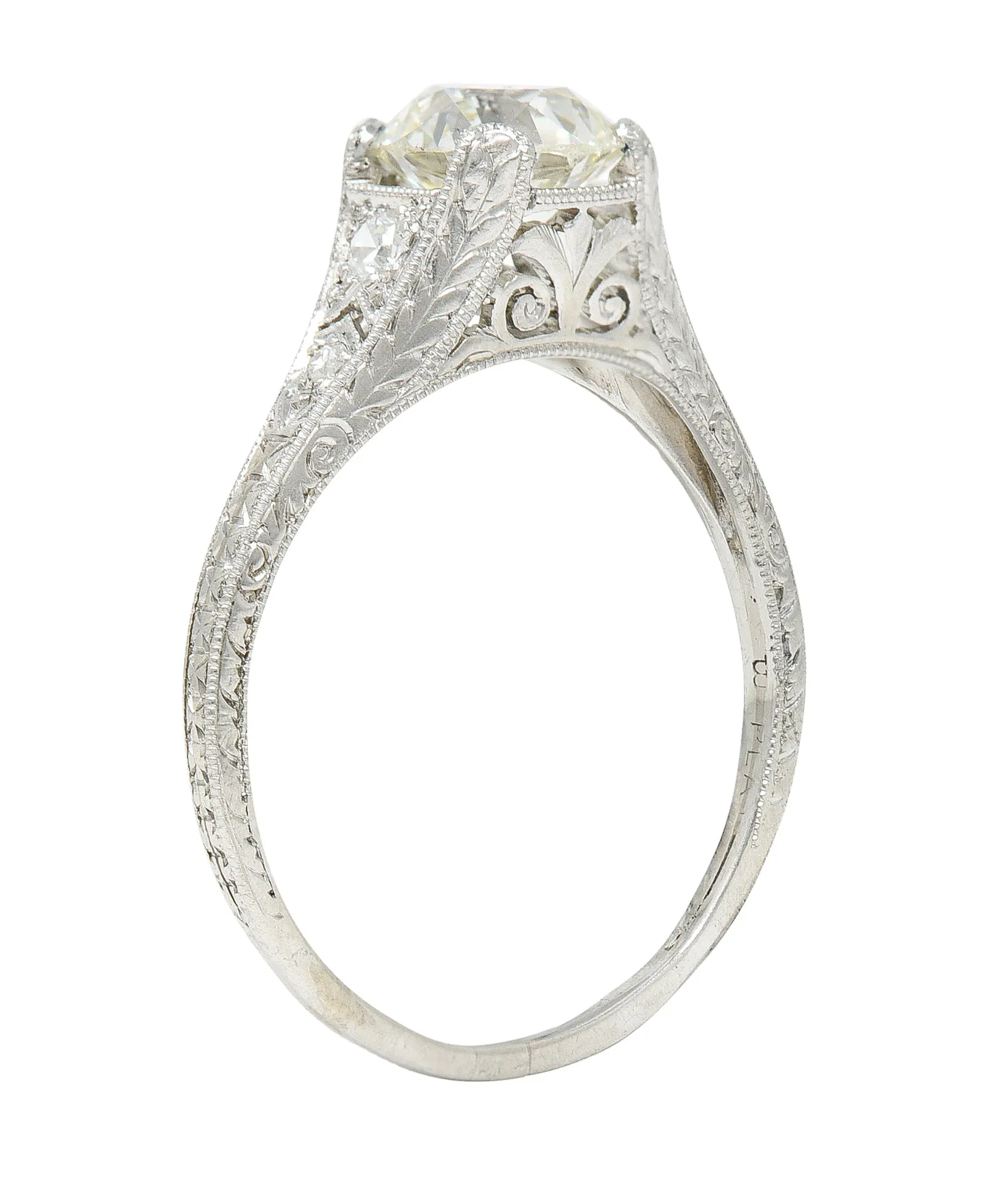 Wheeler & Co. Late Edwardian 1.48 CTW Diamond Platinum Engraved Antique Engagement Ring