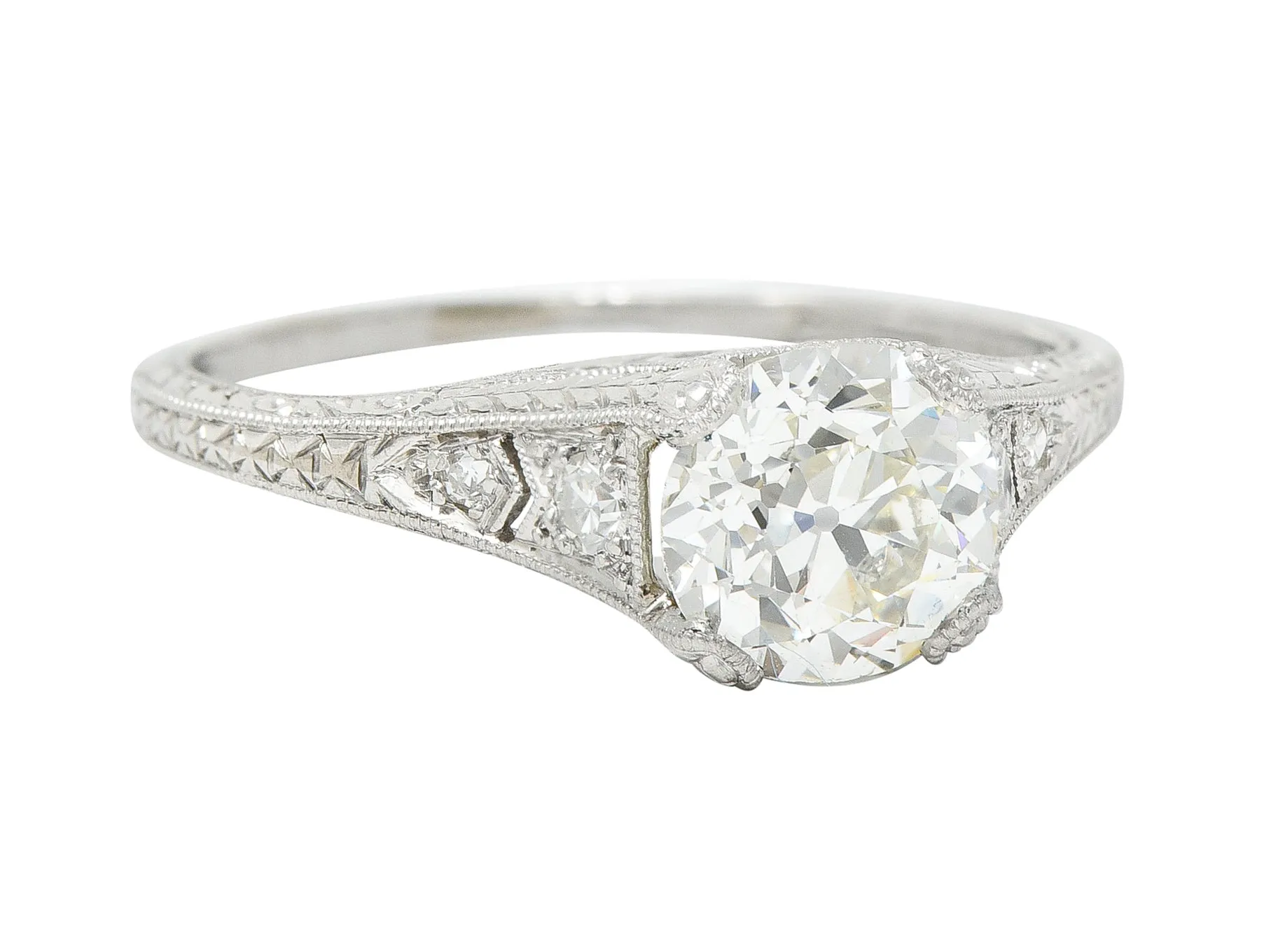 Wheeler & Co. Late Edwardian 1.48 CTW Diamond Platinum Engraved Antique Engagement Ring