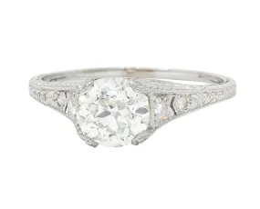 Wheeler & Co. Late Edwardian 1.48 CTW Diamond Platinum Engraved Antique Engagement Ring