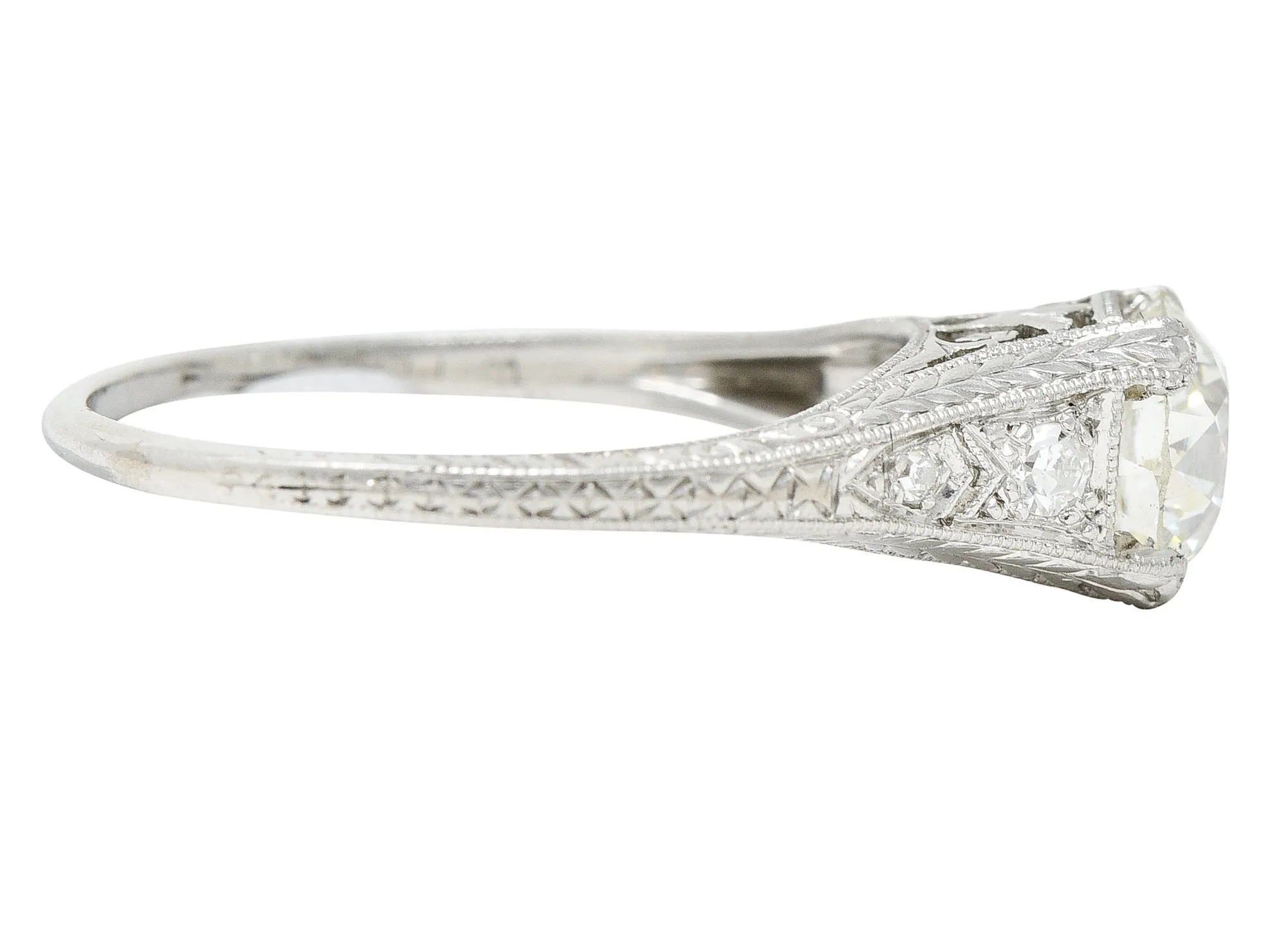 Wheeler & Co. Late Edwardian 1.48 CTW Diamond Platinum Engraved Antique Engagement Ring