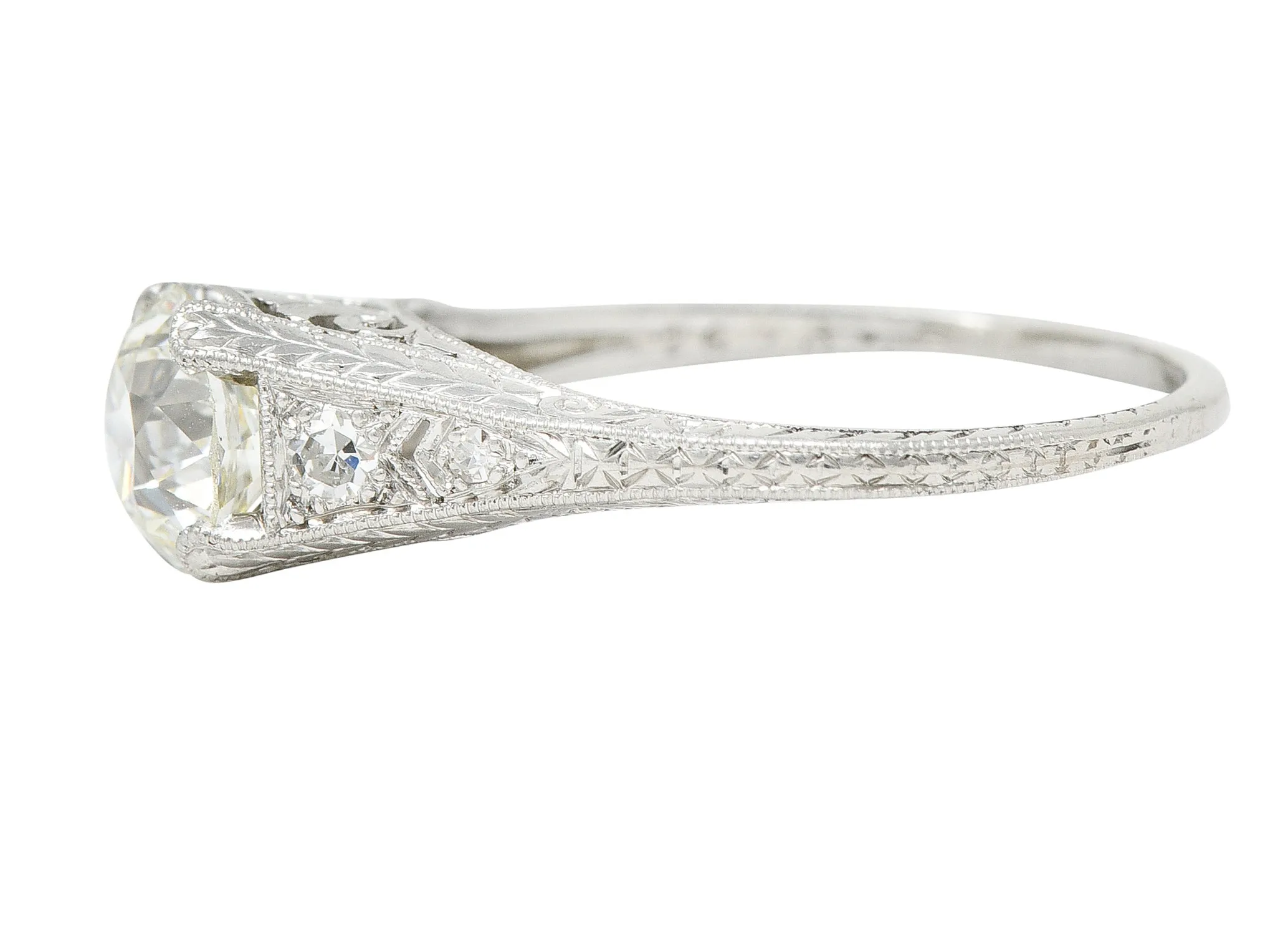 Wheeler & Co. Late Edwardian 1.48 CTW Diamond Platinum Engraved Antique Engagement Ring