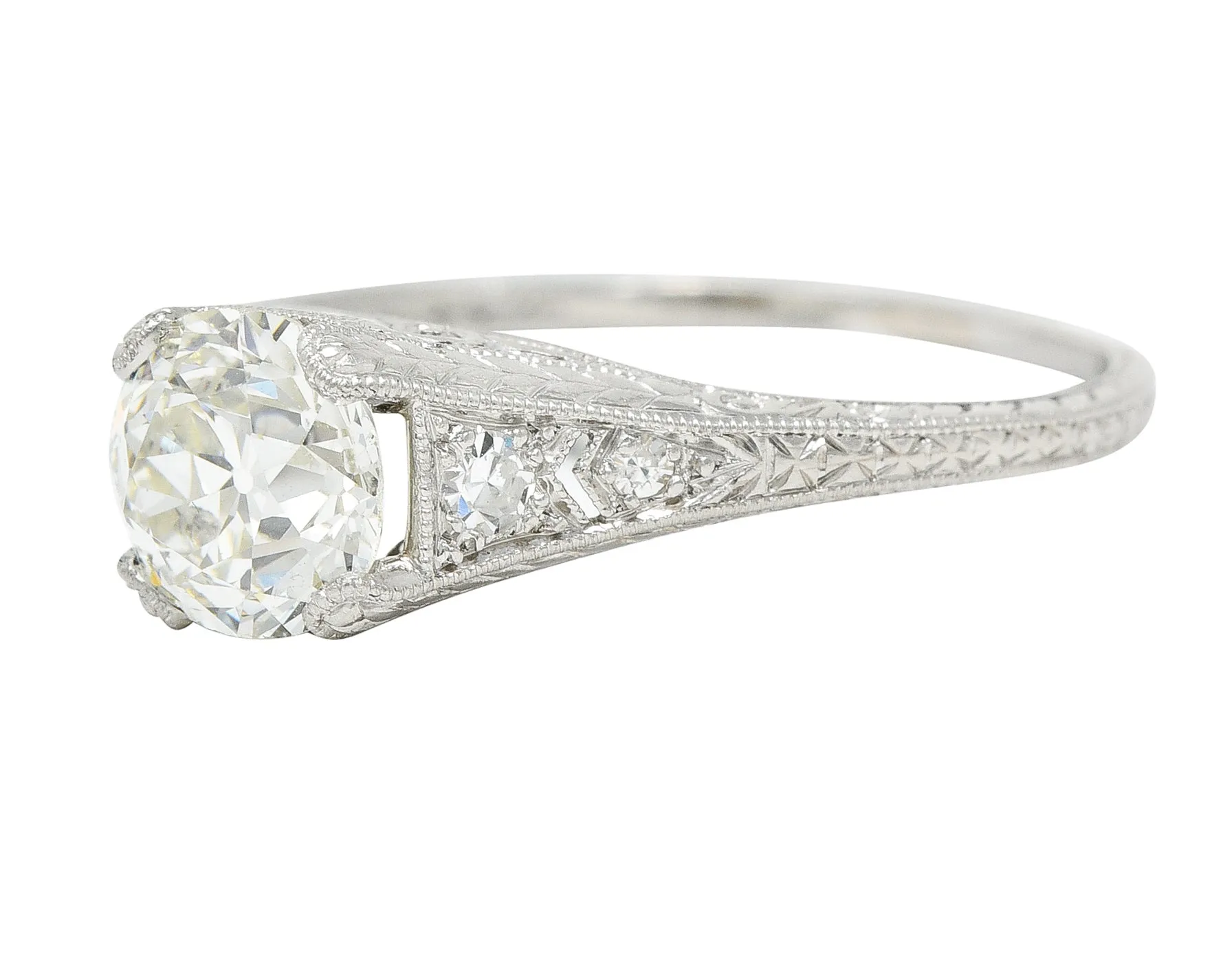 Wheeler & Co. Late Edwardian 1.48 CTW Diamond Platinum Engraved Antique Engagement Ring