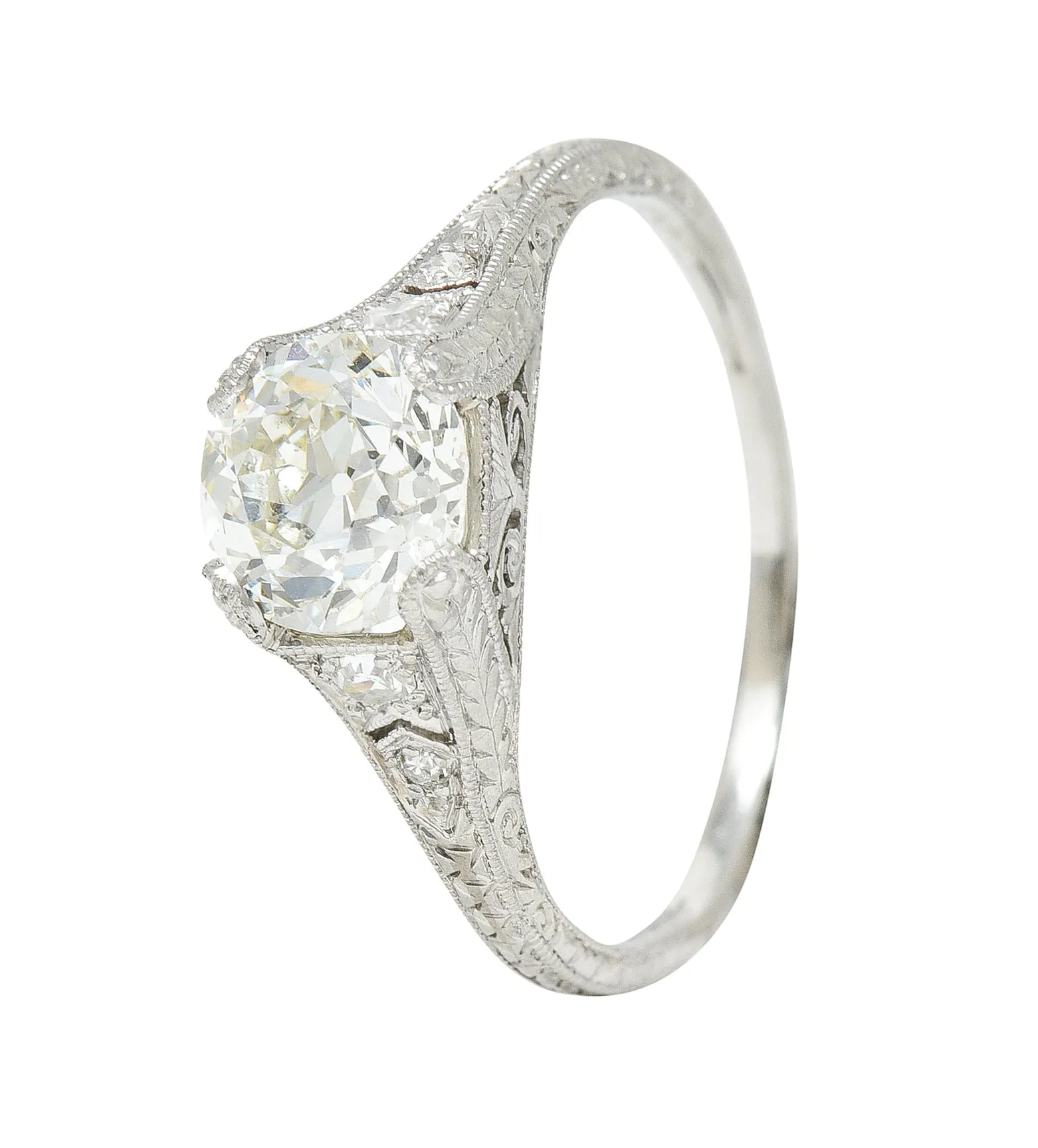 Wheeler & Co. Late Edwardian 1.48 CTW Diamond Platinum Engraved Antique Engagement Ring