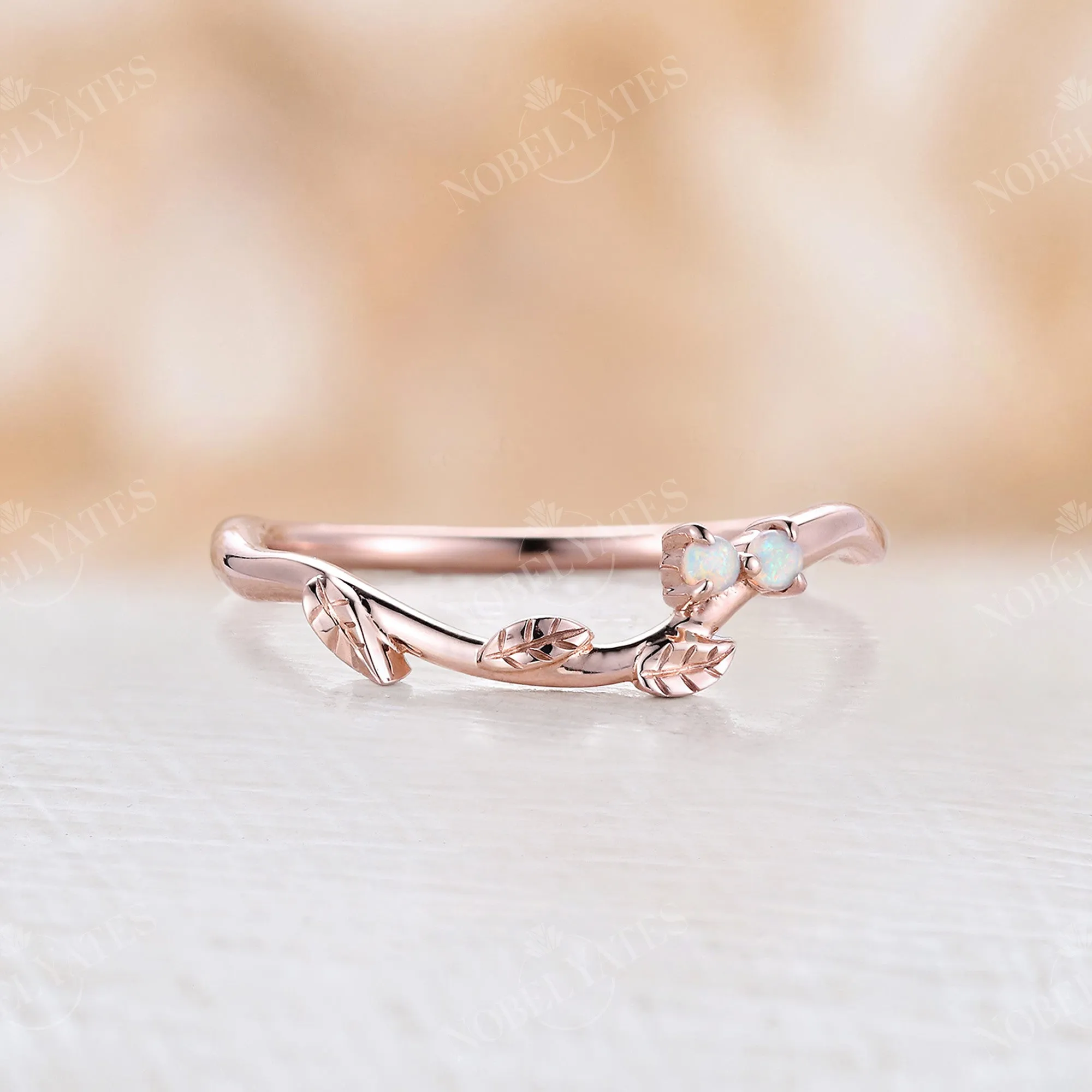 White Opal Nature Inspired Leaf Curved Wedding Band Rose Gold