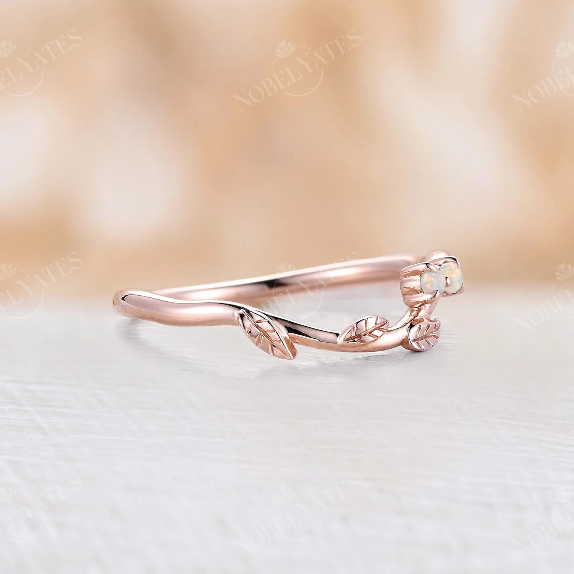 White Opal Nature Inspired Leaf Curved Wedding Band Rose Gold