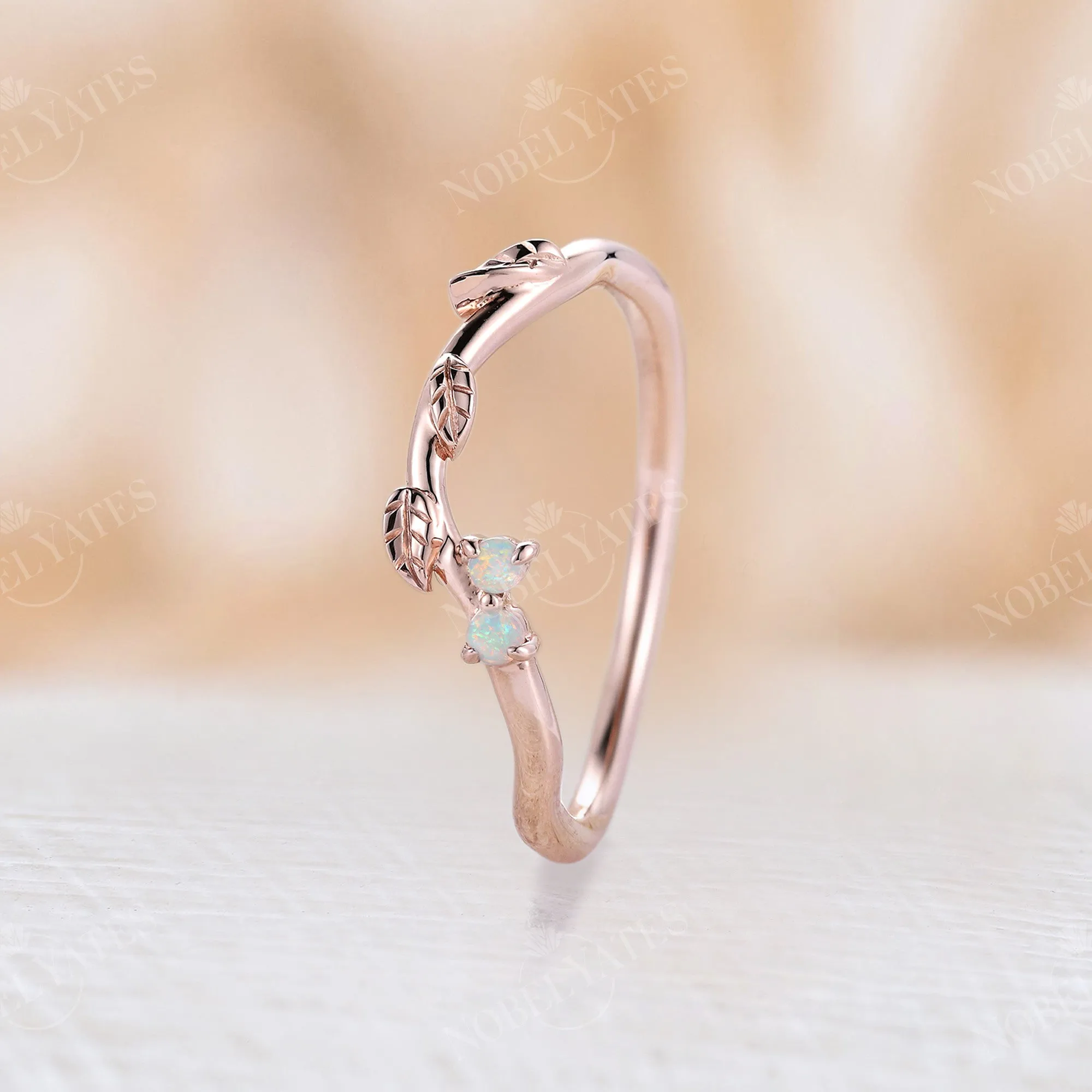 White Opal Nature Inspired Leaf Curved Wedding Band Rose Gold