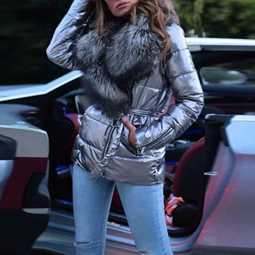 Women's Fashion Solid Color Sequins Zipper Coat Down Jacket