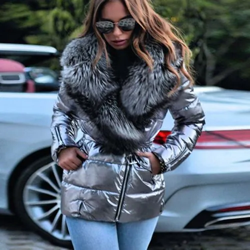 Women's Fashion Solid Color Sequins Zipper Coat Down Jacket